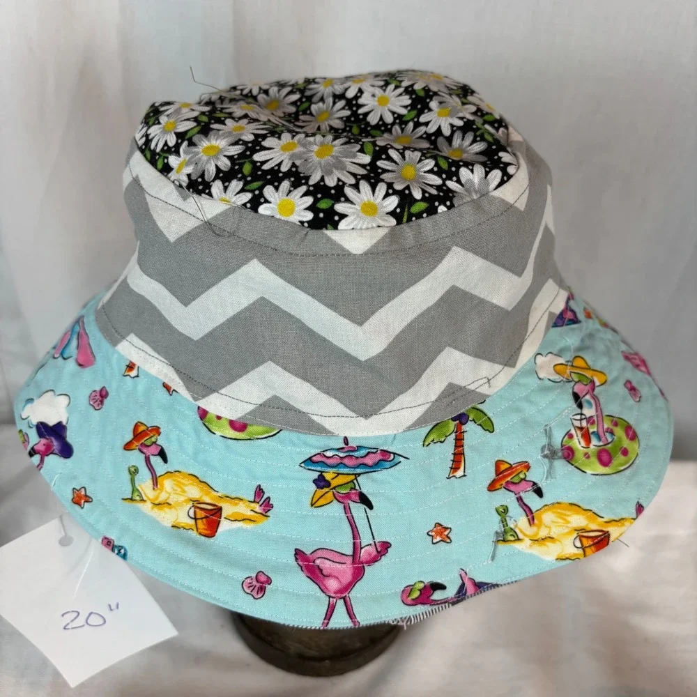 Handmade‎ Kids Reversible Bucket Hat Americana Flamingo 20in Diameter